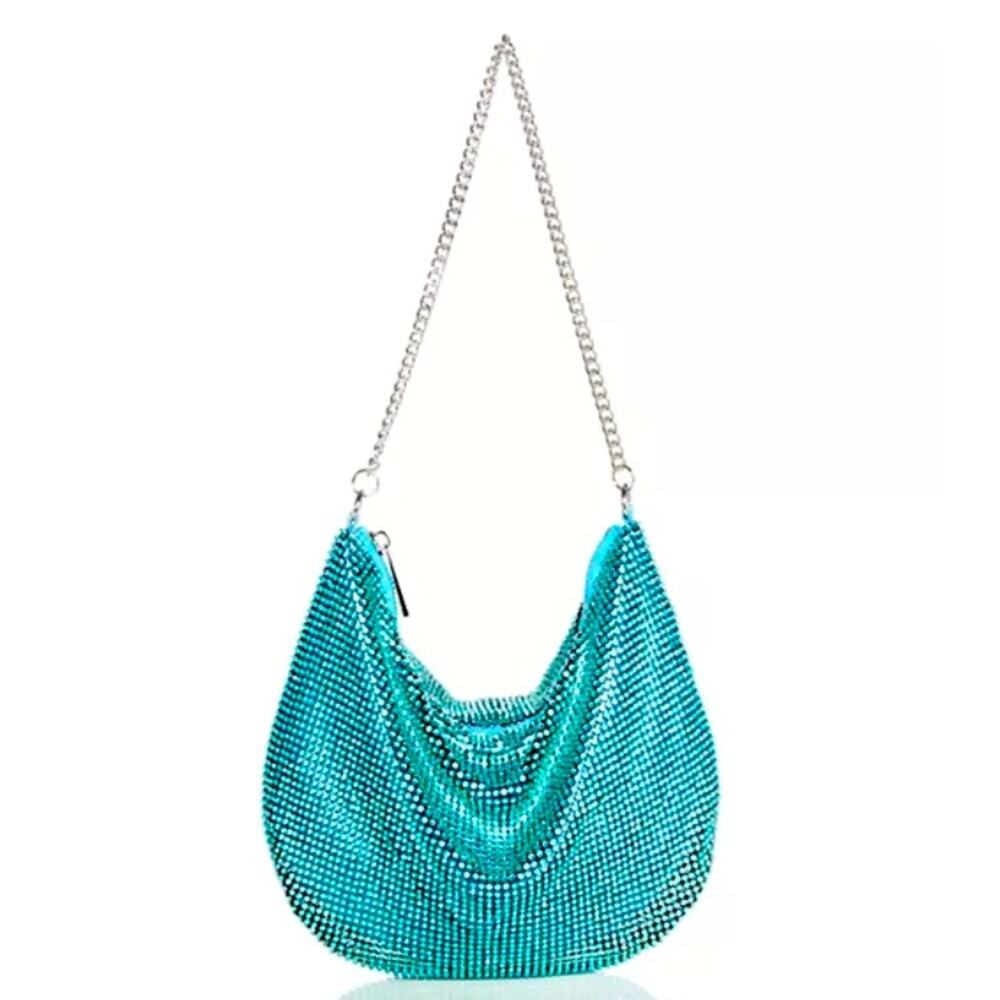 NWT MSRP$128 AQUA Crystal Mesh Beaded Shoulder Bag Hobo Blue Baguette